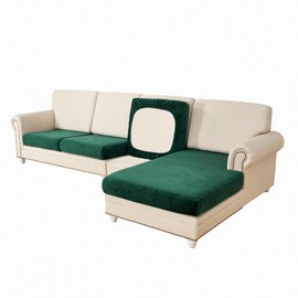 Haohighyoo Chaise Section Covers 4 Pieces Velet Stretch Couch Covers, Pet Friendly Washable Left/Right L Shaped Sofa Cover, Couch Cushion Cover for Living Room (3 Seater+1 Chaise,Army Green)