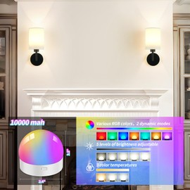 Woderdeng Battery Operated Wall Sconce Set of Two,Dimmable Cordless Wall Sconces,12 Colors Rechargeable Wall Lights,Wall Lamps for Wall Decor,Bedroom,Living Room (Black)