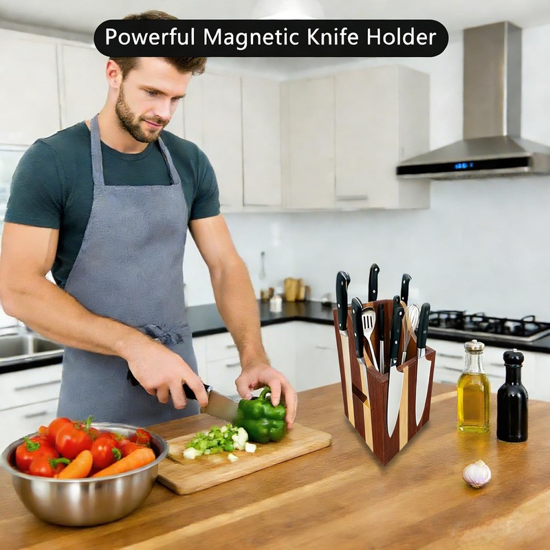 360° Rotating Magnetic Wooden Knife Block for Kitchen without Knives