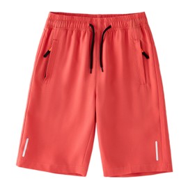 Himcus Boys School PE Shorts Kids Football Sports Quick-Dry Shorts with Drawstring,Zip Pockets(Tag 160,Red,11-12Y)