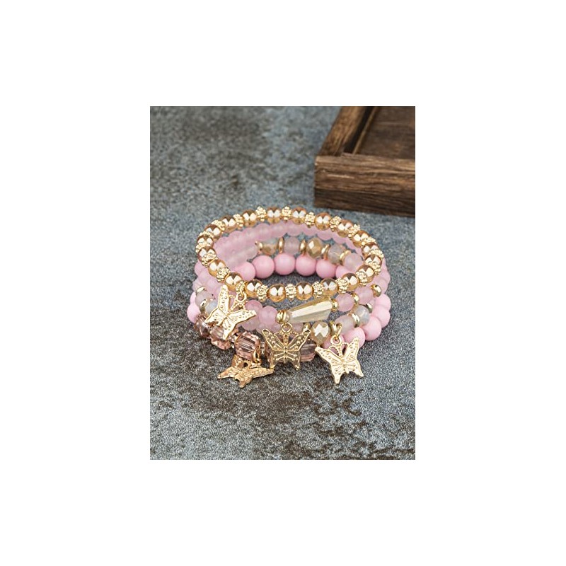 Caiyao 4pcs Butterfly Bohemian Beaded Stackable Stretch Bracelet Set Elastic