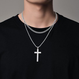 AD ADASTONE 2 Pack Men's Cross Necklace & Chains for Men - Stainless Steel Layered Necklace Set with Cross Pendant and Cuban Link Chain, Hip Hop Jewelry Gifts for Men and Boys