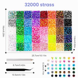 32.000 Strass, 40 Colori Pietre Glitterate Piatti da 3 mm, Strass in Resina per bedazzling, perline, tessuti, decorazioni unghie, + pinzette/bastoncino di cera