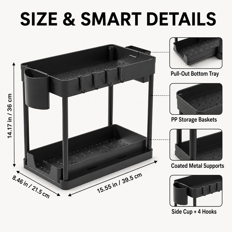 2-Tier Under Sink Organizer with Pull-Out Drawer & Hooks