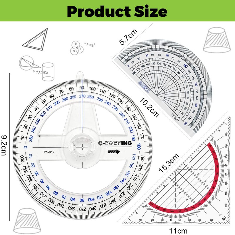 JEYORZY Set of 3 Protractors, Set Square Triangle, Circle Protractor,