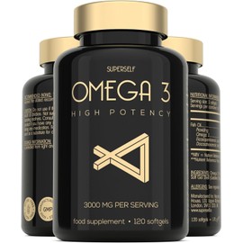 SuperSelf Fish Oil Omega 3 Capsules High Strength - 3000mg Triple Potency - Easy to Swallow with No Fishy Aftertaste - 120 Softgels - UK Made Omega 3 Supplements High in DHA & EPA - Pure & Sustainable Fish Oil