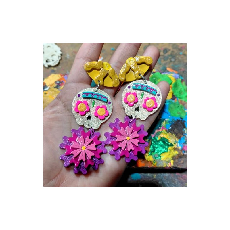 Aretes de Pan de Muerto Calavera de Dulce y Flores