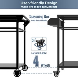Koutemie Outdoor Grill Cart Table with 4 Wheels for Blackstone 17" or 22", Movable BBQ Food Prep Table Top, Double-Shelf Metal Pizza Oven Worktable with Spice Tray for Patio, Backyard, Black