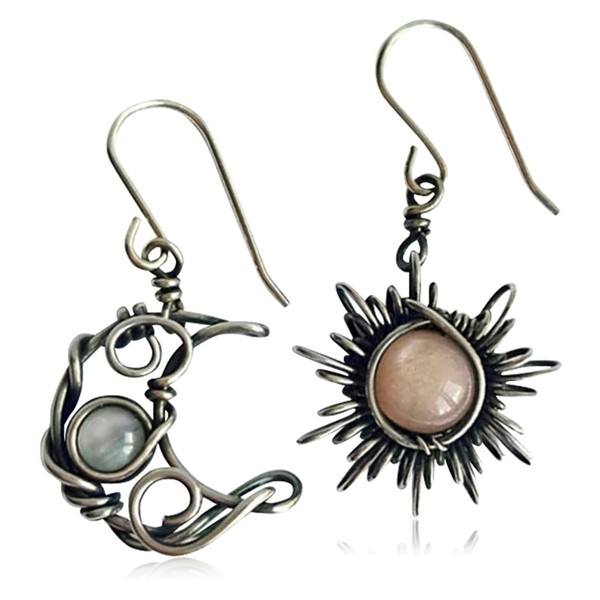 Antiqued Silver Sun and Moon Hook Earrings Bohemia Celestial Moonstone