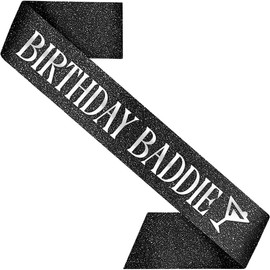 PartyForever Birthday Baddie Sash – Black Glitter Sash with Silver Letters & Martini Icon + Luxe Pearl Pin | Birthday Sash for Women | Extra Long, Soft Back, Glam Party Gift for Any Age