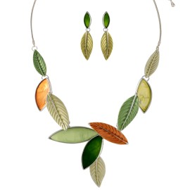 Mycitta Vintage Statement Jewelry Set for Women - Unique Chunky Leaf Plant Aesthetic Fashion Green Yellow Costume Bib CollarColor: Green