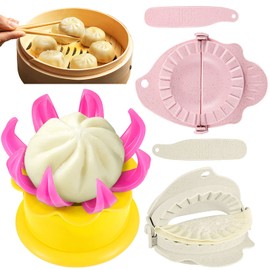 Potchen 5 Pieces Bun Maker Dumpling Maker Steam Filled Plastic Mold and Filling Spoon Cooking Tool Set for Adults Press Steamed Stuffed Mould Make Delicious Bun and Dumplings(Yellow, Pink, Beige)