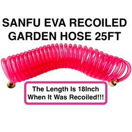 SANFU EVA Recoil Garden Water Hose 3/8"ID x 25ft Premium With 3/4"Inch Brass Fittings Retractable, Swivel Female, Outdoor Patio Hose Marine&Boat, Transparent Pink(25')