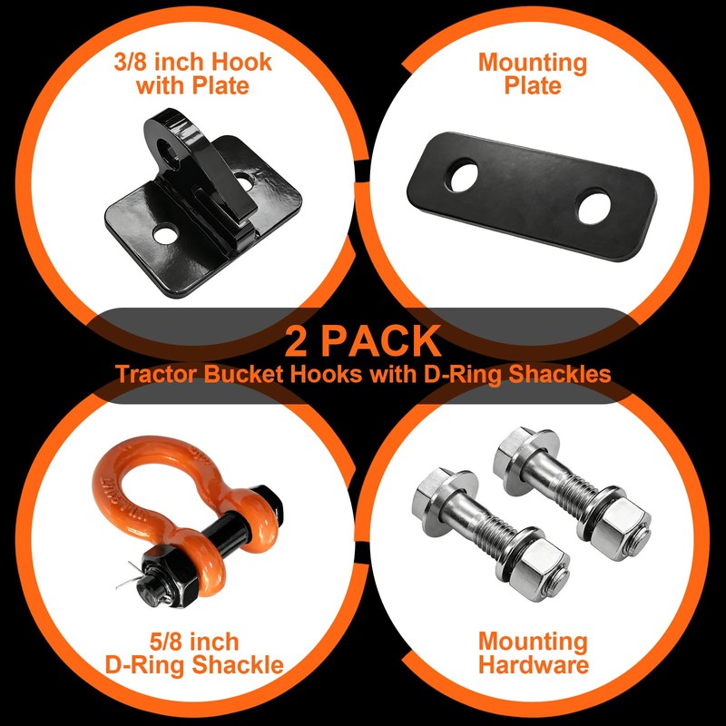 3/8 inch Tractor Bucket Hooks with 5/8 inch D-Ring Shackles