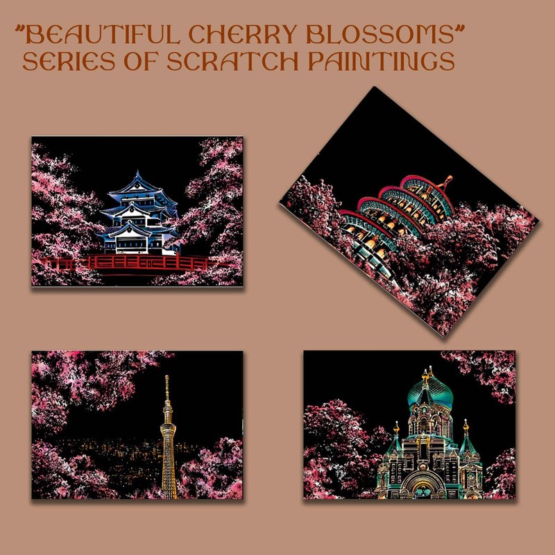 QINXUANGE 4PCS Scratch Art Scratch(21×29cm) Paper Rainbow Painting Sketch,Beautiful Cherry
