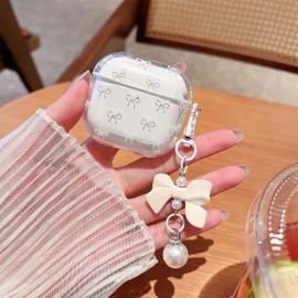 MINSCOSE Compatible with AirPods 4 Clear Case,Cute Bow Pattern Pretty Ribbon Aesthetic Design with Bow Pearl Keychain,Soft TPU Protective Shockproof Case for Women Girl for AirPods 4-White