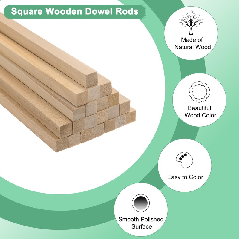 M METERXITY 10-Pack Wood Square Dowel Rods, 25/64 x 6