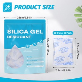 VOISEN 50 Gram 50 Pcs Color-Indicating Silica Gel Packets, Premium Food Grade Desiccant, Transparent Desiccant, Desiccant Packets for Storage, Premium Desiccant Packs for Food, Electronics, Closet
