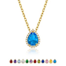 KeyStyle Womens Gold Teardrop Crystal Necklace with Blue Topaz, December Birthstone Charm Birthday Necklaces for Wife, Anniversary Jewelry for Her