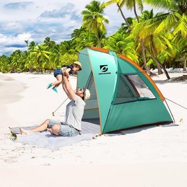 Beach Tent 2-3 Person Sun Shelter UPF 50+ with Extended Waterproof Pe Floor & 3 Mesh Roll Up Windows Fits, Portable Beach Shade Easy Setup for Outdoor Camping, Indoor, Fishing, Yard - Color: Mint Green