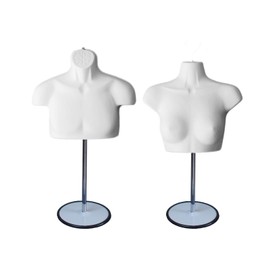DisplayTown Male & Female Mannequin Chest Long Torso with Metal Stand Hollow Back Body Stackable Dress Form for Tshirt Display, Countertop, Craft Shows, Photos, S-M Clothing Size (White, Set of 1)