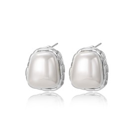 White Gold Plated Vintage Pearl Stud Earrings for Women Trendy, Geometric Hypoallergenic Statement Irregular Pearl Earrings Jewelry Gift for Women