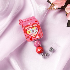 JoyAura ID Badge Holder - Valentine's Day Beaded Badge Reel Retractable Work Accessories, Pink Sweethearts Name Badge Clips with Acrylic Glitter Couple Holiday Gifts