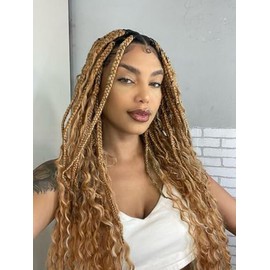 Goddess Box Braids Crochet Hair Bohemian Braids for Woman 14 Inch 7 Packs Short Crochet Box Braids with Curly Ends Boho Braids Crochet Hair Extensions, Dark Blonde 27