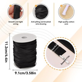 Black Piping Trim for Sewing 1.4cm Wide, 55 Yards Crafts Piping Bias Tape Trim Fold Bias Tape Braid Satin Lip Cord with Welting Cord for Table Cloth Refined Finishes (Black)