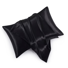 HommxJF Satin Pillowcases with Zipper （20x26）,Standard Size Pillowcases Set of 2, Black Silk Pillowcase for Hair and Skin
