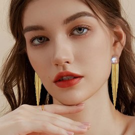 NALISASA Long Tassel Pearl Stud Earrings for Women, Dainty gold waterfall earrings, Gold Plated Long Dangle Drop Earrings, Pearl Sleek Metal Chain Tassel Retro Earrings Jewelry Gifts
