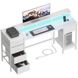 Korfile 55 Inch Computer Gaming Desk with Power Outlets LED Lights, Reversible Home Office with Adjustable Fabric Storage Drawers for Working Writing Study, White