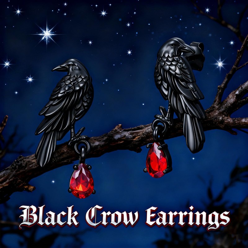 Gothic Raven Earrings Sterling Silver Black Crow Studs Earrings Hypoallergenic