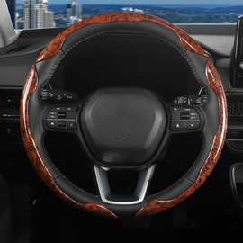 3pcs Universal Car Brown Wood Grain Steering Wheel Cover for D-Shaped and Round Steering Wheel of 37-38cm (14.5-15 inches) Protective Cover Anti Slip Auto Interior Accessories