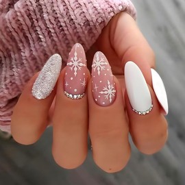 Christmas Press on Nails Almond White Snowflake with Rhinestone Design Fake Pink Nails Winter Glitter Acrylic Nails 24Pcs
