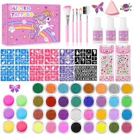 Tatuajes Temporales Glitter Kids,32 Colores Glitter Y 6 Colores Fluores,165 Plantillas,2 Pegatinas De Diamante,3 Pegamento, 5 Pinceles, 1 Puff De Polvo, Kit De Glitter Artes P