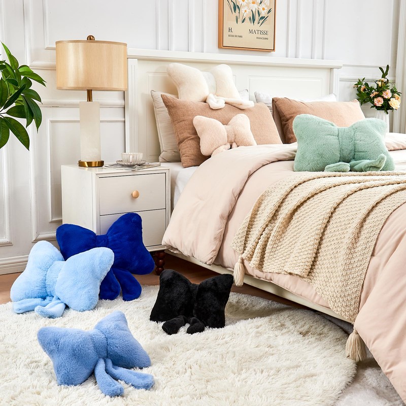 XVTRU Dusty Blue Bow Pillow, Soft Bow Decorative Pillows with