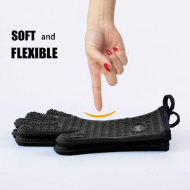 Loveuing Kitchen Oven Gloves - Dual-Layer Heat Resistant Grilling Gloves, Silicone Oven Mitts with 5 Fingers, Waterproof Non-Slip Pot Holder for Barbecue, Cooking, Baking (XL-XXXL, Black)