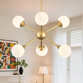 Sparklelf 6-Light Modern Gold Sputnik Chandelier with Milk Glass Shade Large Dining Room Light Fixture Mid Century Chandelier for Living Room Kitchen Island, L27.5Inch