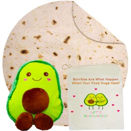 KINIA Giant Burrito Tortilla Blanket Set - 2.0 Double Sided - 71 inch 285 GSM Soft Flannel Novelty Taco Blanket with Fun Storage Bag + Big 16.5 inch Soft Stuffed Cute Avocado Plush Toy