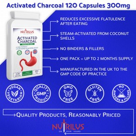 Activated Charcoal 120 Capsules 300mg - High Potency - No Binders & Fillers - Digestive Aid - Flatulence Relief - UK Made Vegan Supplement