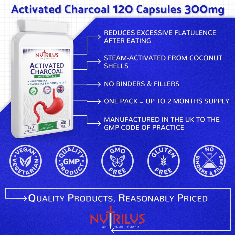 Activated Charcoal 120 Capsules 300mg - High Potency - No