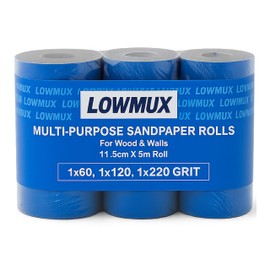 LowMux Sandpaper Rolls – 3 Pack (60, 120, 220 Grit) – 11.5cm x 5m Each – Aluminium Oxide Sandpaper for Wood & Walls – Easy to Cut – Hand & Sheet Sander Compatible – Coarse to Fine Grit