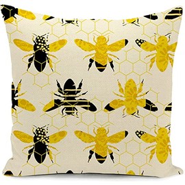KUNQIAN Bee Cushion Cover Yellow Pillow Cover Linen honeycomb Decor for Home Livingroom Outdoor Couch Bed Sofa Decorate Throw Pillow Case Bee Gift 18"x18"