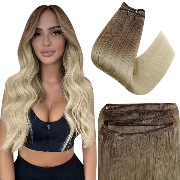 Easyouth Balayage Clip-In Extensions Real Hair Ombre Hair Extensions Real Hair Clips 16 Inches 100 g 7 Pieces Colour Ash Brown Mix Platinum Blonde Real Hair Clip Extensions