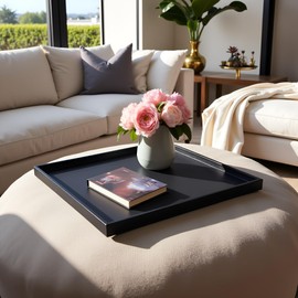 QAVOL 25 x 25 inches Luxury Leather Square Oversized Service Tray, Ottoman & Coffee Tray for Family Dinner, Out-of-House Picnic & Party （25 inch Black）