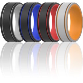 ThunderFit Men Silicone Wedding Rings 2 Layers, Rubber Engagement Bands 8mm Wide 2mm Thick - 1/4/7 Variety Multipack (Grey-Orange, Black-Red, Black-Grey, Black-DarkBlue - Size 9.5-10 (19.8mm))