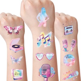 JoyAura Eras Party Temporary Tattoos - 8 Sheets 200 Pcs Music Themed Face Fake Tattoo Stickers Women Pop Singer Birthday Decoration for Girls Fans Concert Party Supplies