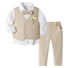 Volunboy Baby Boys' Suit Vest Festive Wedding Clothing Set 4-Piece, Light Khaki