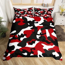 Kinder Jungen Camo Bettbezug Army Camouflage Bettwäsche-Set für Mädchen Teenager Jugend Mann Buntes Muster Art Decor Bettwäsche 135x200 cm Schwarz Rot Weiß Bettwäsche mit 1 Kissenbezügen